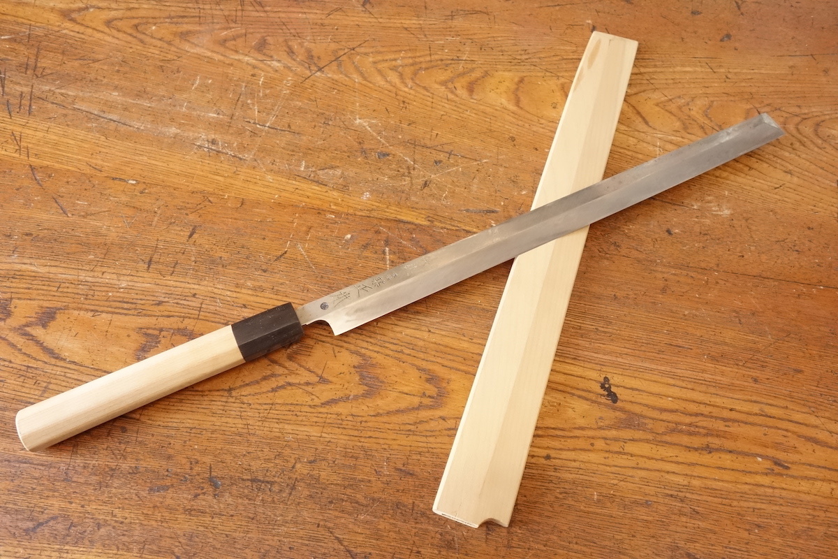 築地 正本 / 紙鋼 秀吉 刺身包丁 全長約49cm ( 刃渡約32cm ) 現状品 –