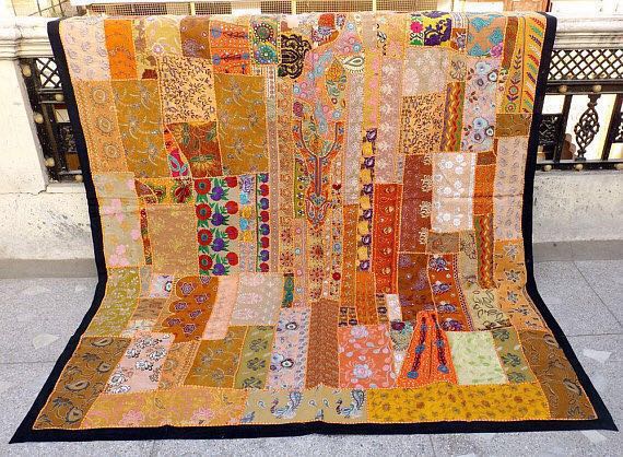 インド刺繍ラグ オレンジ パッチワーク ハンドメイド 3畳 カーペット 絨毯 敷物 カバー ヴィンテージ 花刺繍 エスニック アジアン レトロ