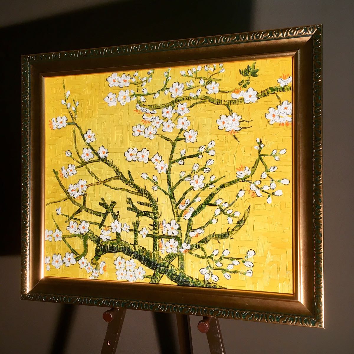 手書き油絵 ゴッホ 花咲くアーモンドの枝 黄色 額付き 絵画 インテリア