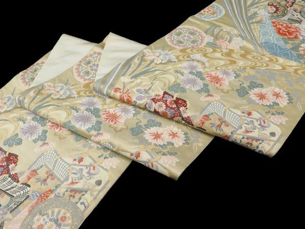 K未使用美品 秀山錦豪華袋帯 九百織 御所車文様 本金箔■N80624-28 116Aprita 九百錦24K本金箔 刺繍 袋帯 6通柄 御所車に花々模様