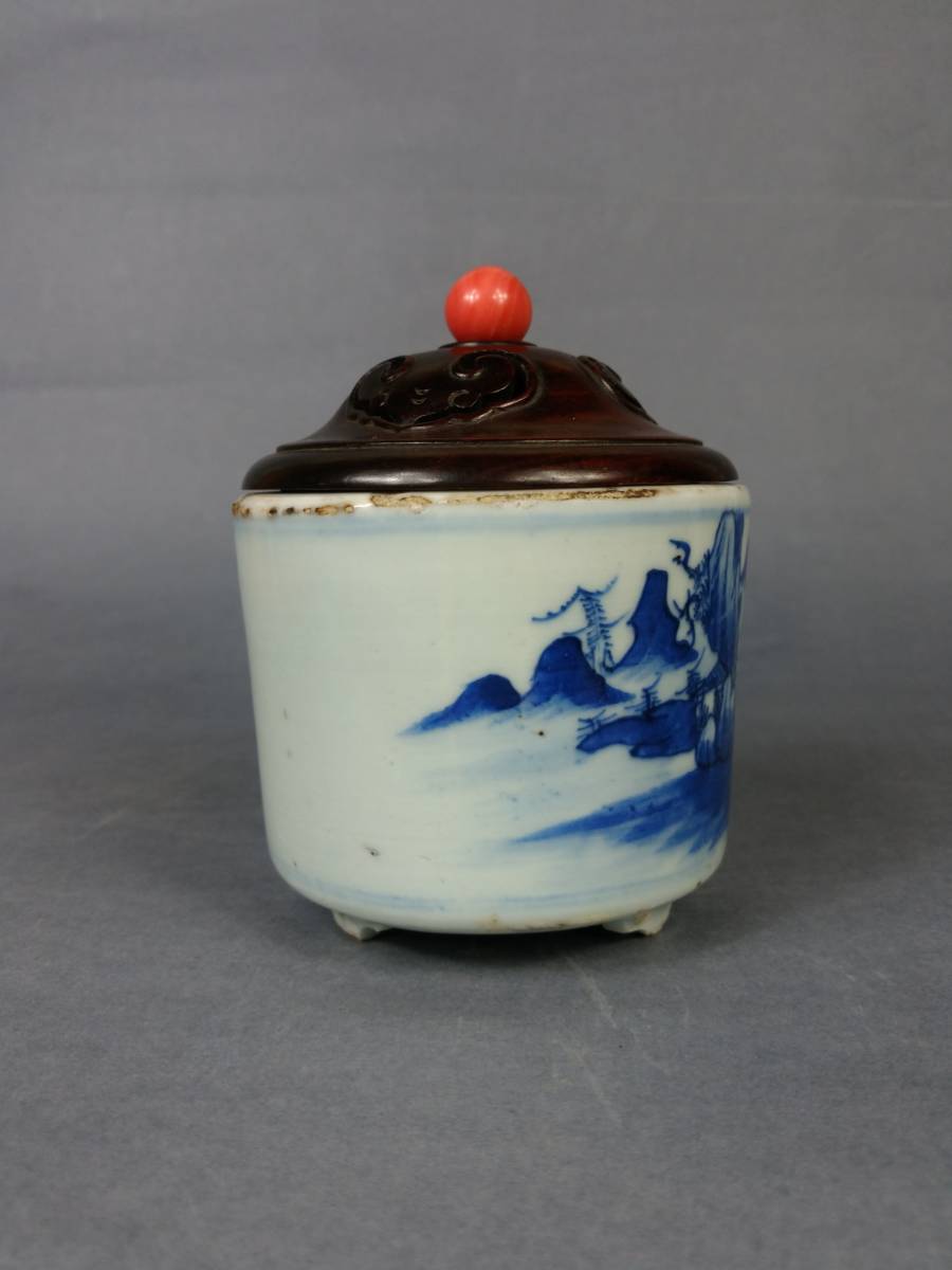 時代 香炉 染め付け 山水紋 清時代 唐木の蓋付き 中国美術