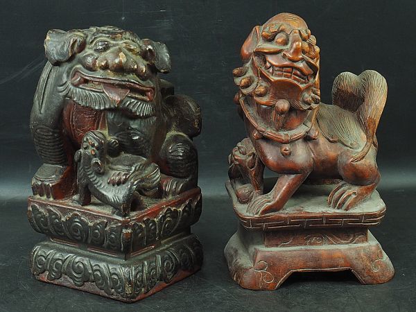 一対 木彫 獅子 置物 - 時代 狛犬 Yahoo 阿吽形 木造 木彫狛犬 木鼻 