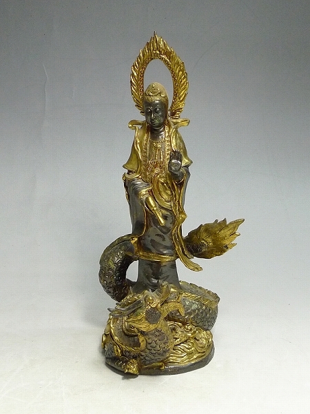 △600721△仏教美術 龍観音 龍上観音 龍乗観音1291g 銅製 置物