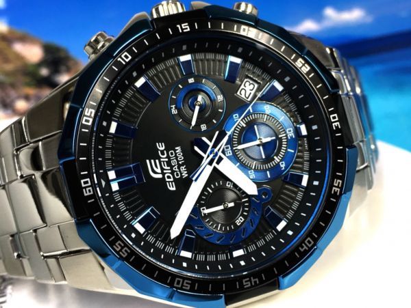 新品 CASIO EDIFICE カシオ エディフィス 正規品 クロノグラフ 腕時計 クオーツ 時計 ブラック 文字盤 ブルー 防水 ステンレスベルト