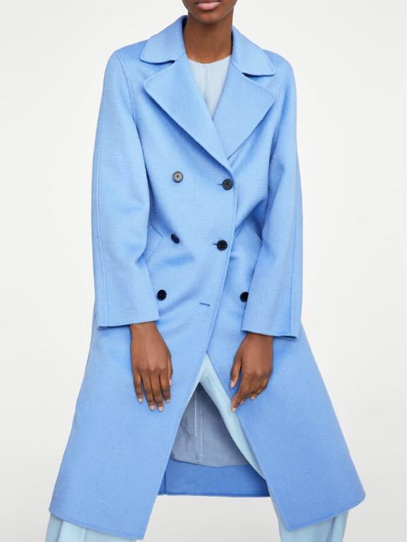 新品 ZARA ウール ハンドメイド コート 綺麗なブルー M ご入札