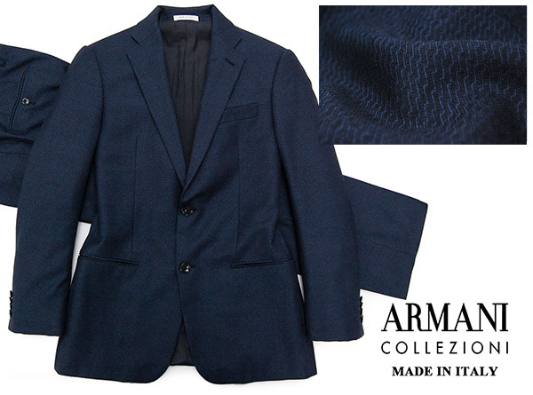定価25万円 美品 イタリア製 イタリア製 アルマーニ ARMANI COLLEZIONI テクスチャー織り 「T LINE」 2つボタン 高級シングルスーツ 紺/46