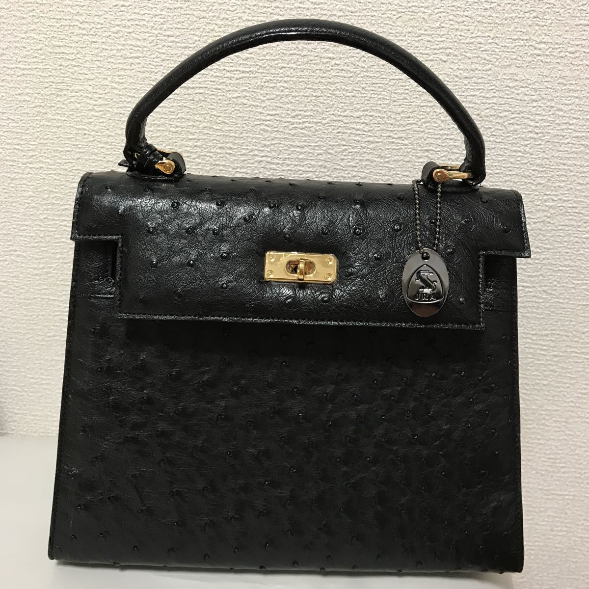 美品 JRA認定 ケリー型 リアル オーストリッチ レザー ハンドバッグ 