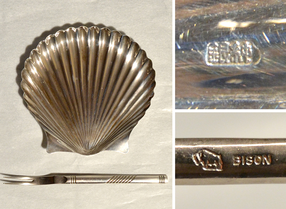 純銀 シルバー 貝型レモン皿 足付き ピック付 総重量：５５g 銀製 金属工芸 美品　　b3699