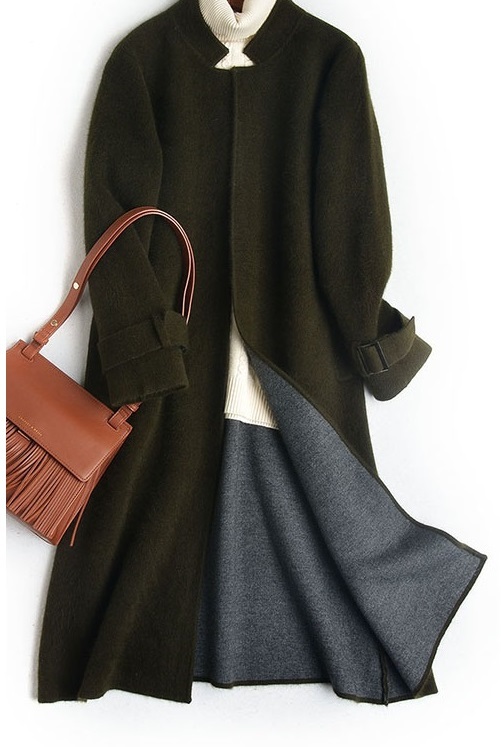 新品女性らしい綺麗ミンクニットコートロング丈ゆったりグレー濃紺M