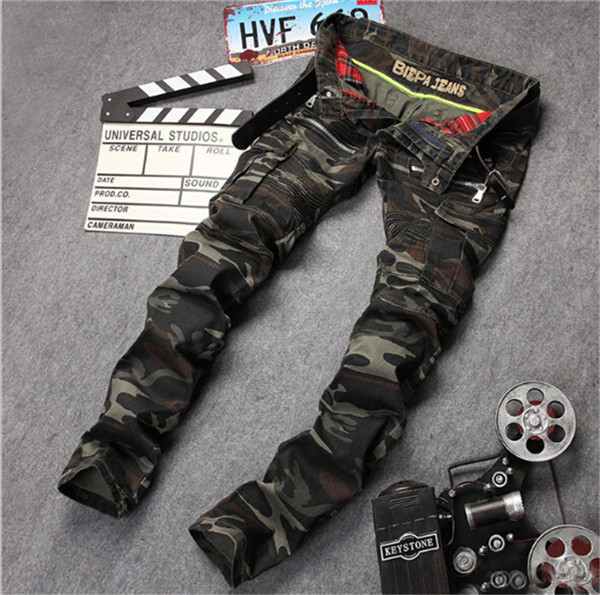 新品★メンズデニムパンツ ジーンズ カジュアル バイクパンツ バイクジーンズ スキニー コットン 細身 ワークパンツ カモフラ 迷彩 32