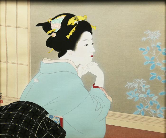 真作】【WISH】上村松園「若葉」 木版画 証明シール 着物美人 〇美人画