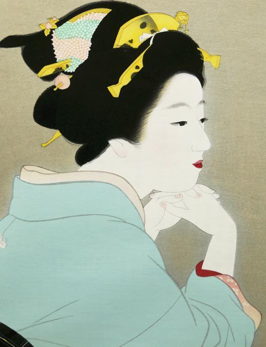 真作】【WISH】上村松園「若葉」 木版画 証明シール 着物美人 〇美人画