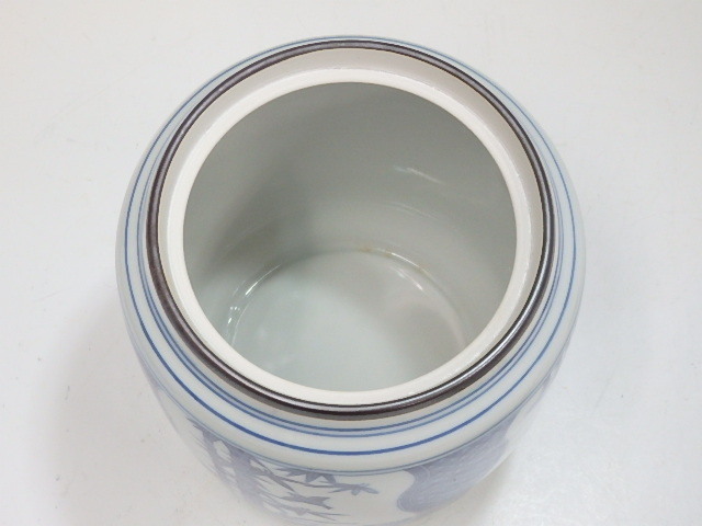 ☆京焼 千古窯【染付竹雀 皆具 共箱】水指（直径16.5×高さ17cm）・杓立