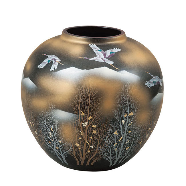 即決】送料無料！九谷焼 花瓶 金雲木立 陶器/花器/良品/美品/新品/共箱