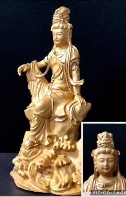 総柘植材 彩金 金箔 極上彫 木彫仏像 自在観音菩薩座像 【公式通販】