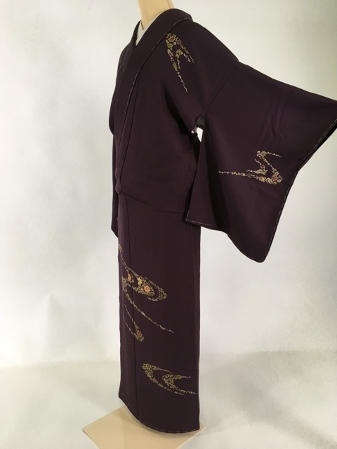 バイセル 着物 名品 訪問着 濃紫 草花 金糸 刺繍 正絹 袷（10月～5月） 身丈163cm 裄丈64cm☆☆☆☆