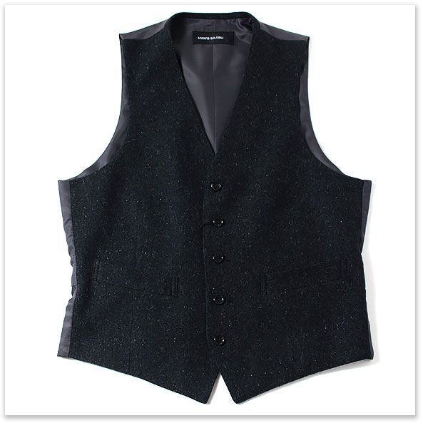 ◆新品◆上質ウールシルク混 ジレ ベスト ジャケット /黒【A6】MEN'S BA-TSU メンズバツ / 秋冬 ネップ ツイード / 348241009-11 /A1082