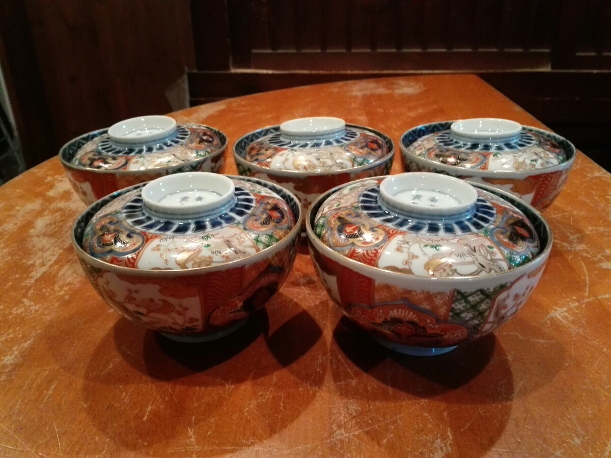 古伊万里 錦手蓋茶碗 5客セット 古伊万里 錦手 染錦 旧家