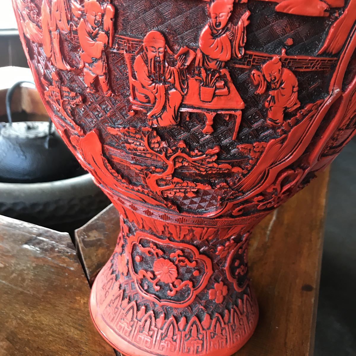 中国　古玩 堆朱 花瓶 唐物 彫漆 ２点セット　台座付き　対 中国 古玩 堆朱 花瓶 唐物 彫漆 2点セット 台座付き 対 全面 彫刻