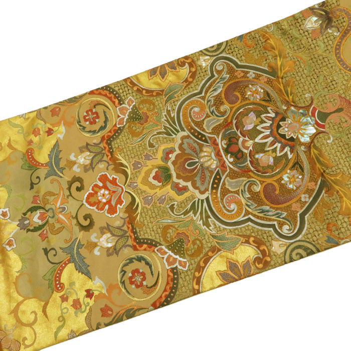 ★きもの北條★　特選　汕頭刺繍　スワトウ　螺鈿　引箔地　更紗文様　重厚華麗な刺繍の美　金　袋帯 A229-24 【中古】 スワトウ 卸問屋本決算SALE 総汕頭（スワトウ）刺繍 美品 特選 特選手加工染め手刺繍