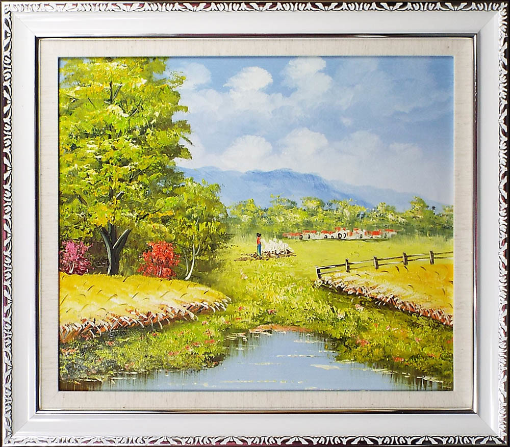 油絵　20号　バルビゾンの風景　豪華額縁付　肉筆　外寸約872mm×648mm 超写実油絵！【肉筆保証】新品油絵20号額付約75cm×65cm『バルビゾン