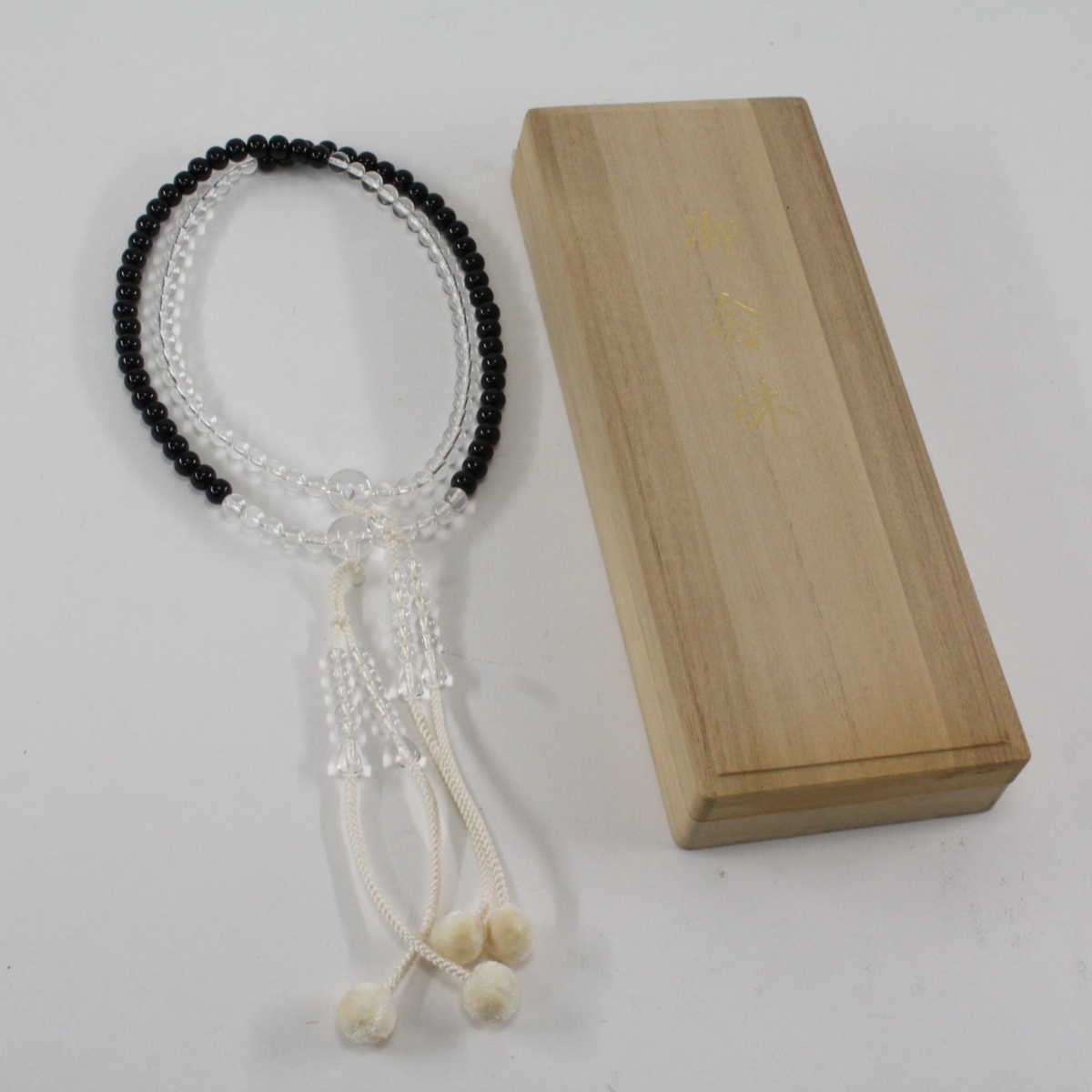 美品 御念珠 二連数珠 水晶 黒檀 内径78cm 冠婚葬祭 仏具 桐