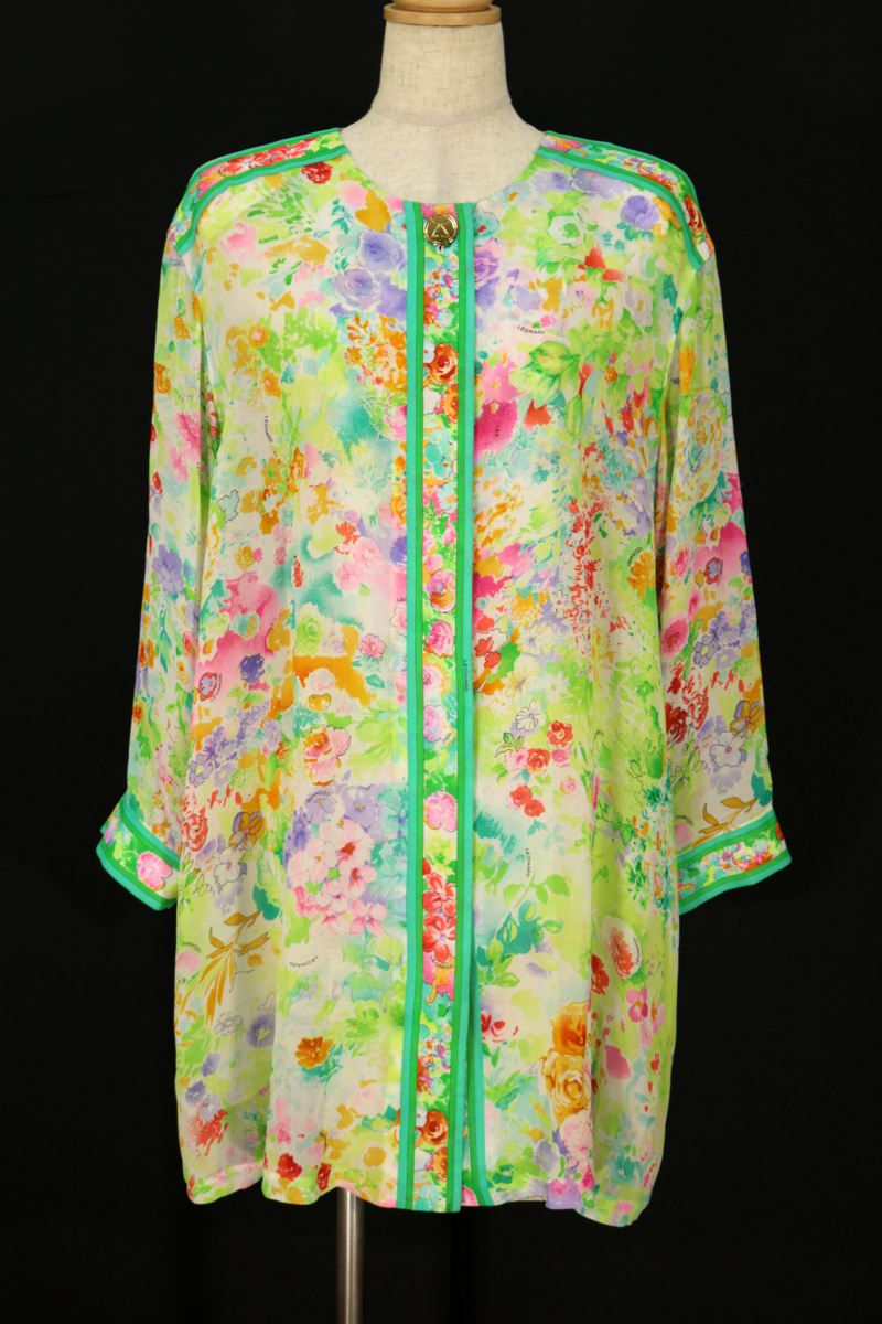 レオナール シルク100％花柄長袖チュニック丈ノーカラーブラウス 黄緑9AR tc056
