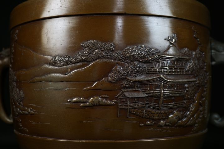清】旧家蔵出し 時代物 古錫四方茶入一対 詩文山水釘彫茶入 在銘有
