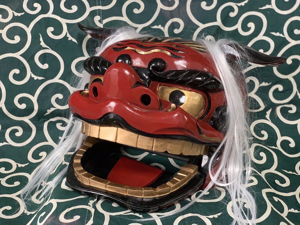 権九郎 獅子頭）木彫り 朱漆塗り獅子舞 1尺1寸特大 正月 能面 神楽面