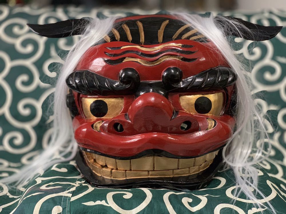 権九郎 獅子頭）木彫り 朱漆塗り獅子舞 1尺1寸特大 正月 能面 神楽面