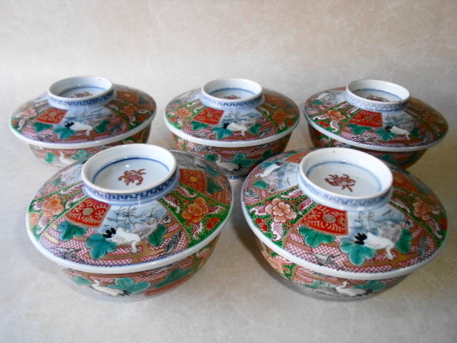 古伊万里 蓋茶碗 色絵金彩 | 5客 欠け無し 振りものシミあり 5
