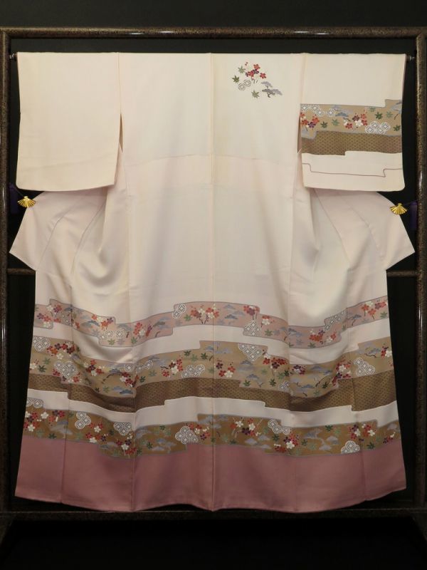 特特 x055rere 手描き 訪問着袷着物 梅 松 七宝 薄ピンク 【中古