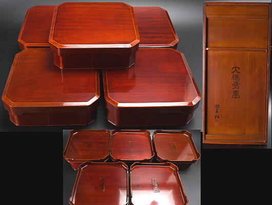 木曽漆器 大徳寺重 弁当箱 五個 共箱 茶道具 懐石道具 重箱 漆器