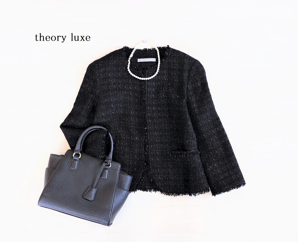 Theory 23AW ノーカラー ツイードクロップドジャケット 黒 【公式通販】
