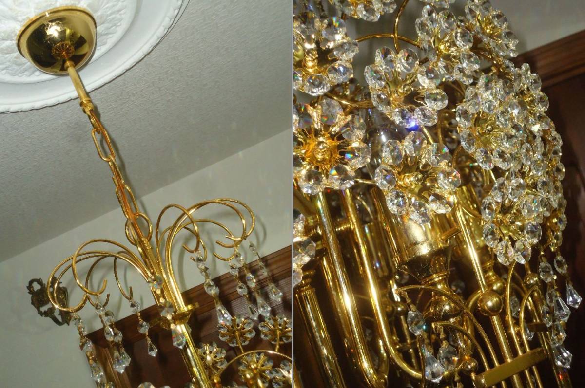 高純度 七色に輝く フルクリスタルガラス 10灯シャンデリア☆大型クロームメッキ 煌びやかで豪華 イタリア製最高級6灯シャンデリア◇七色に輝く高純度