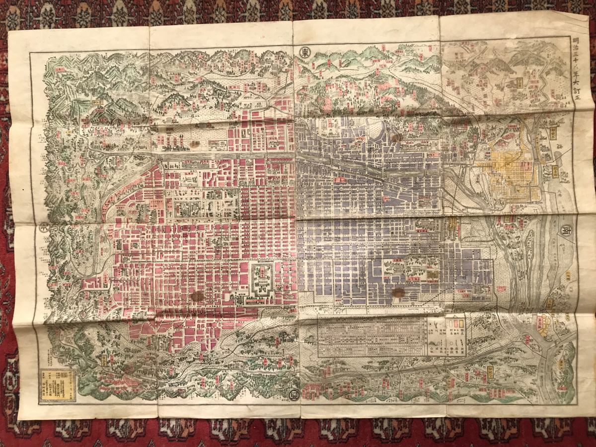 アンティーク 古地図 ヨーロッパ 彩色銅版画 コレクション 古地図 京都 明治期 京都一覧全図 銅版画 手彩色 明治26年 -
