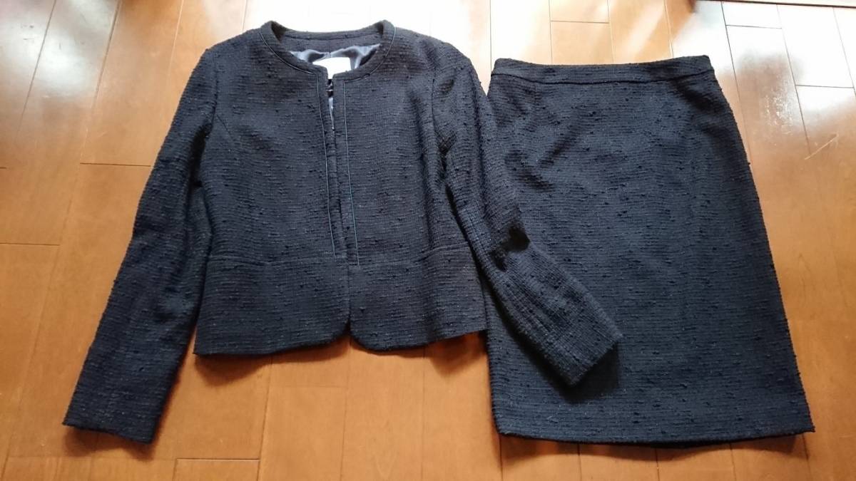 2018新品♪アンタイトルストレッチツイードノーカラージャケット＆スカートＭ♪ネイビー