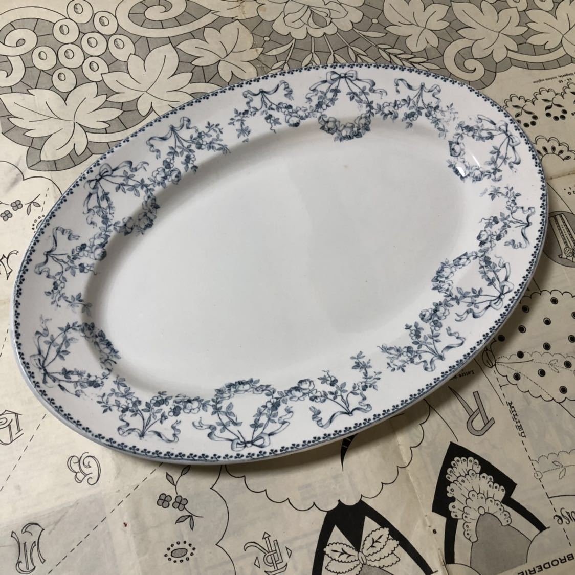 フランス アンティーク サルグミンヌ U&C mozart リボン&ローズ柄 オーバルプレート 大皿 レア 即決あり french antique sarreguemines