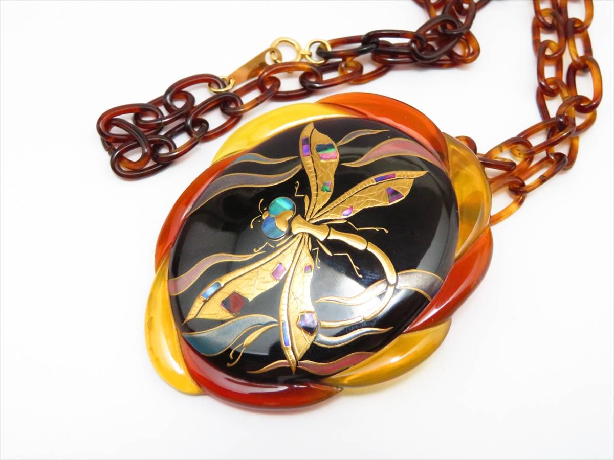 ◇◇鼈甲 金蒔絵 螺鈿 細工 蜻蛉 とんぼ ペンダント ネックレス K18 