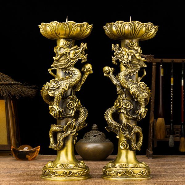 新品お宅装飾品 仏教寺院装飾品美術 貴重供養品 純銅 龍模様燭台銅龍