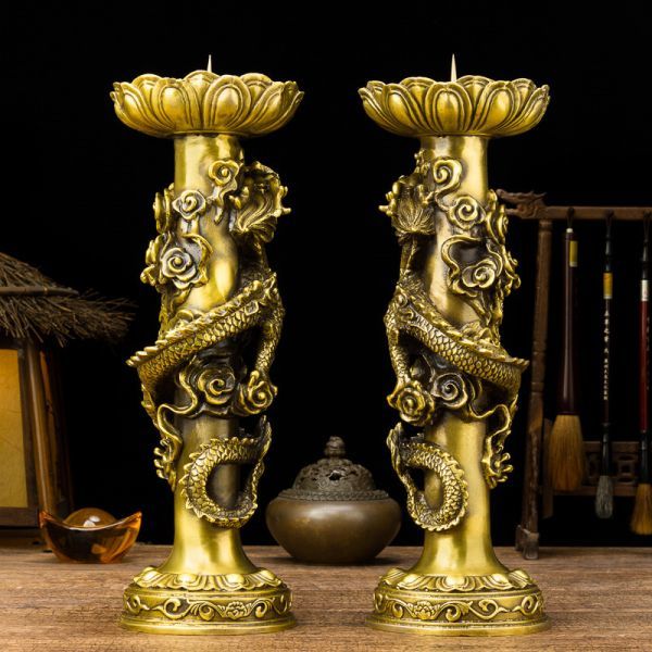 新品お宅装飾品 仏教寺院装飾品美術 貴重供養品 純銅 龍模様燭台銅龍