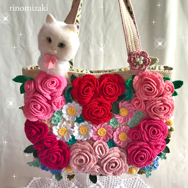 ☆ハンドメイド☆手編み☆バッグ☆秋冬☆毛糸☆レース編み☆バラ☆