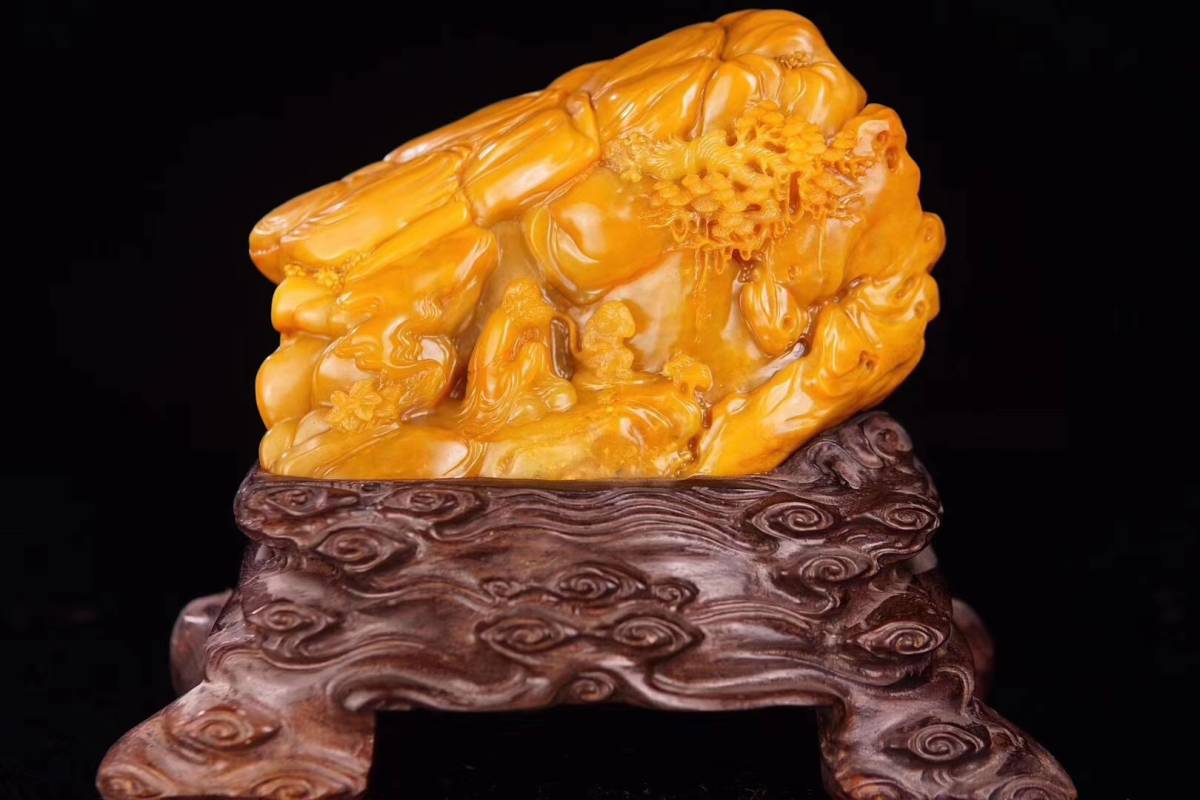 中国古美術【寿山田黄石 金龍献宝】西鳳作款 重器 鏤空 細密彫 在銘 天然賞石 雲嶋】中国古玩 古寿山田黄石彫 霊猿献寿彫件 中国美術 唐物 清朝期 書