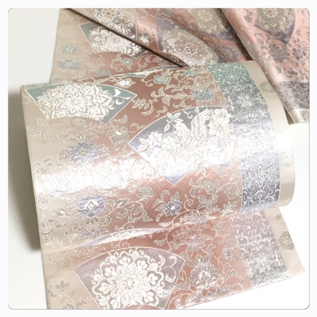 美品 西陣 極上 袋帯 扇面 華模様 正絹 六通柄（シルバー） 正絹 金糸 袋帯