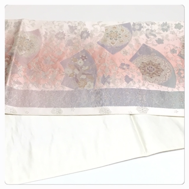 美品 西陣 極上 袋帯 扇面 華模様 正絹 六通柄（シルバー） 正絹 金糸 袋帯