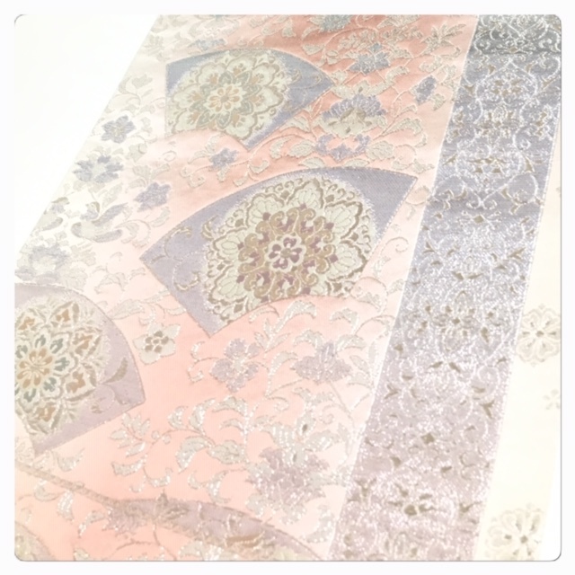 美品 西陣 極上 袋帯 扇面 華模様 正絹 六通柄（シルバー） 正絹 金糸 袋帯