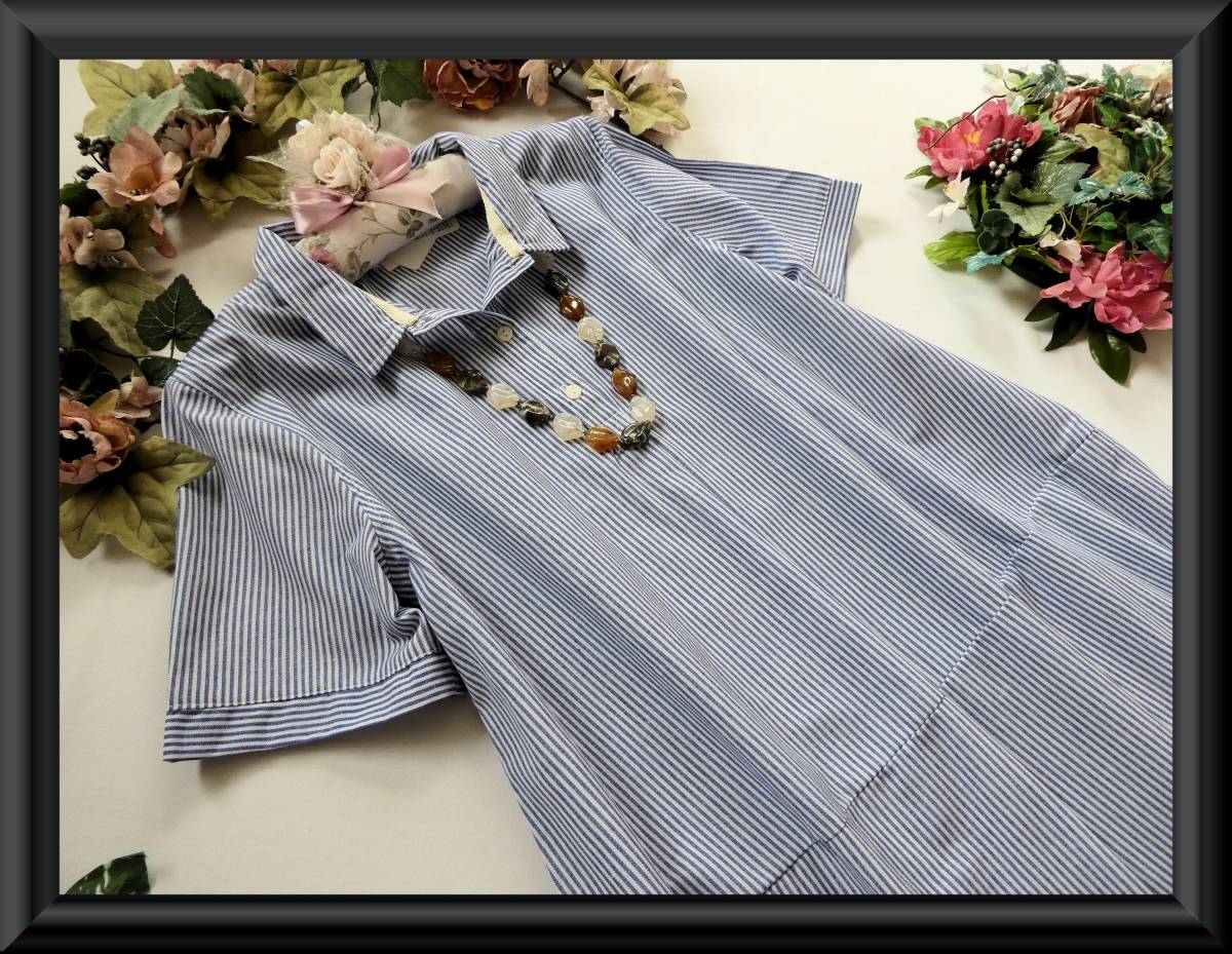 ＬＬ/２Ｌ【新品】Natural♪ストライブ柄・ふんわりタック●切り替え・シャツカラーチュニック・青×白◆fit1027◆