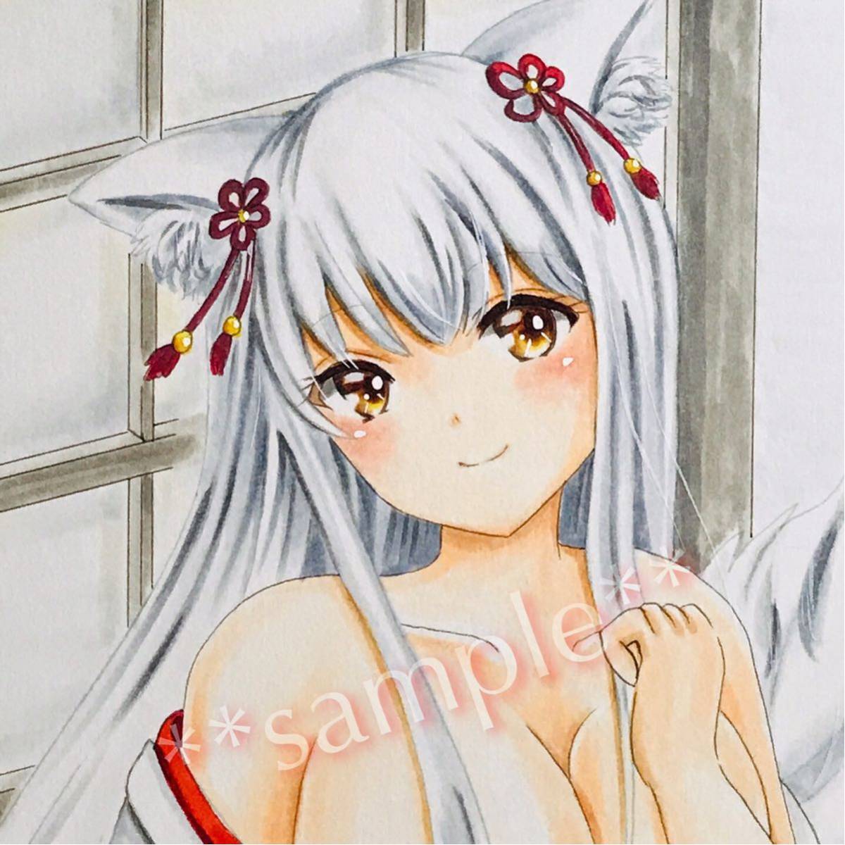 オリジナル 同人手描きイラスト 狐面の巫女 手描きイラスト