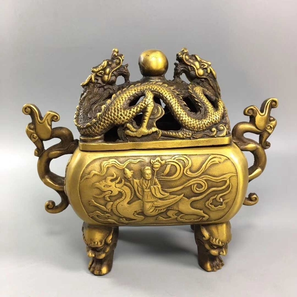 大明宣德年製在銘 銅製 二龍戲珠 熏香炉 香道具 重1107g 純銅大號宣德