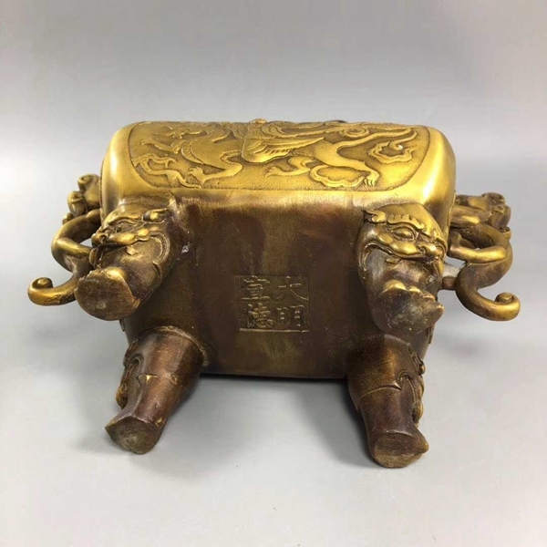 大明宣德年製在銘 銅製 二龍戲珠 熏香炉 香道具 重1107g 純銅大號宣德